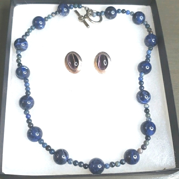CATS EYE SODALITE STERLING SILVER EARRINGS & Necklace - Picture 2 of 6